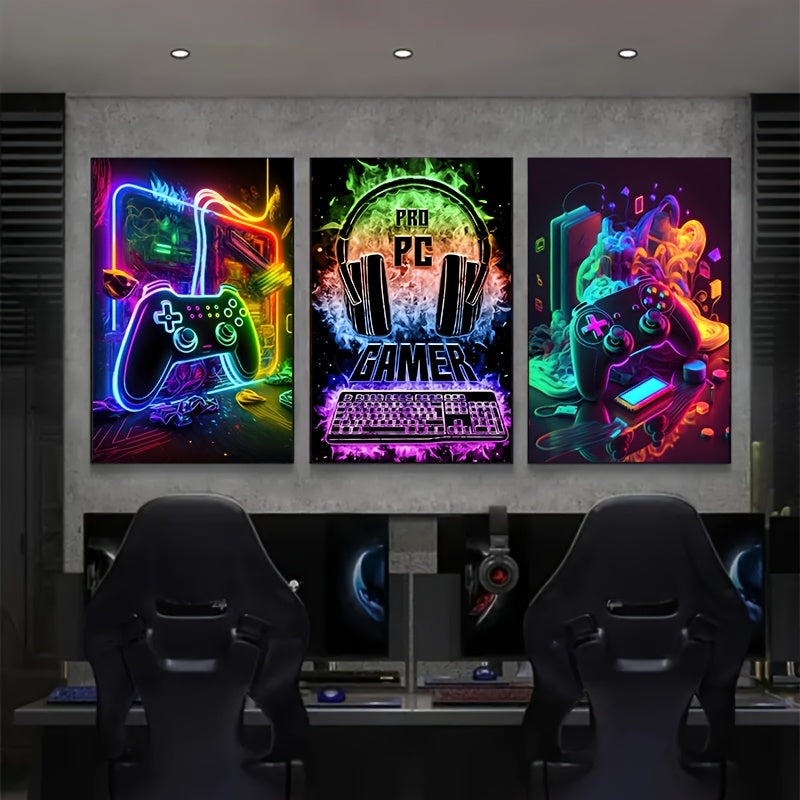 Set om 3 coola gamingposters i neon