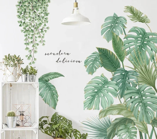 Växtvägg med Monstera väggdekor - Tropisk design - Grön bladvägg - Väggdekorshopen