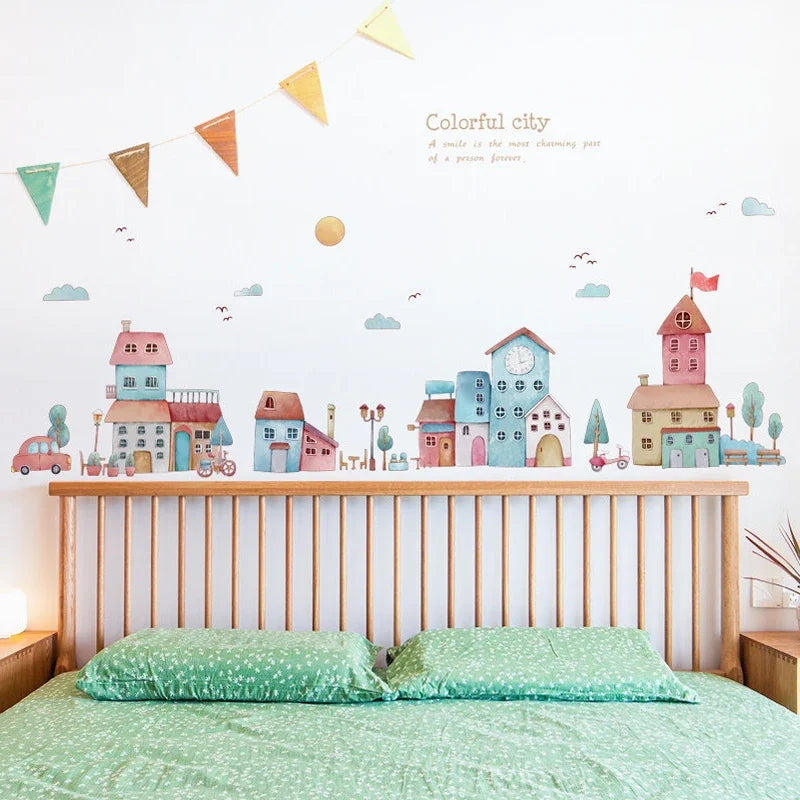Färgglad by väggdekor - Urban design - Barnrumsdekor - Väggdekorshopen