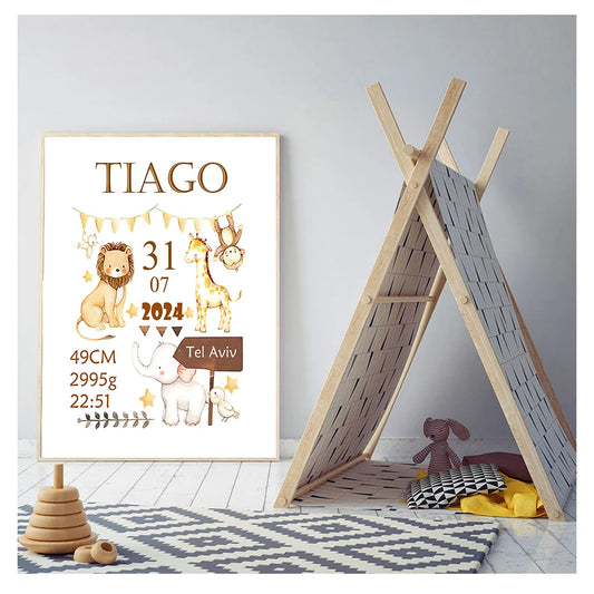 Personlig poster med födelsedata och djurmotiv - Anpassad design - Barnrumsdekor - Väggdekorshopen