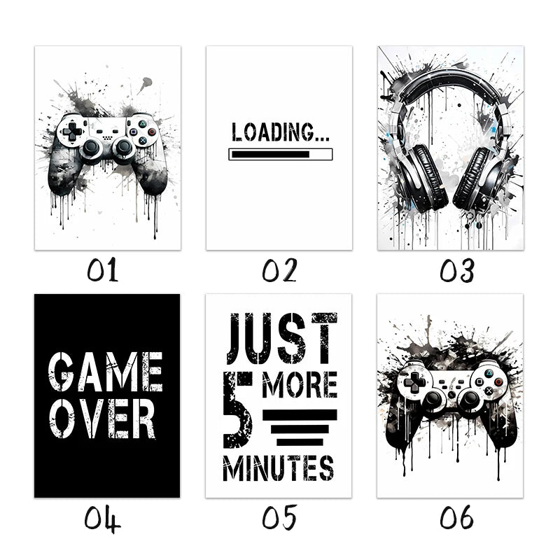 Gaming poster med kontroller - Svartvit design - Spelmotiv med citat - Väggdekorshopen