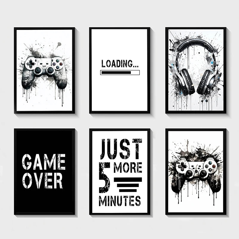 Gaming poster med kontroller - Svartvit design - Spelmotiv med citat - Väggdekorshopen