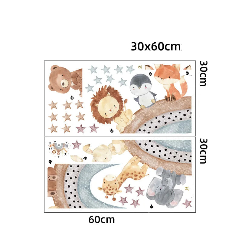 Väggdekor med skogsdjur på regnbåge