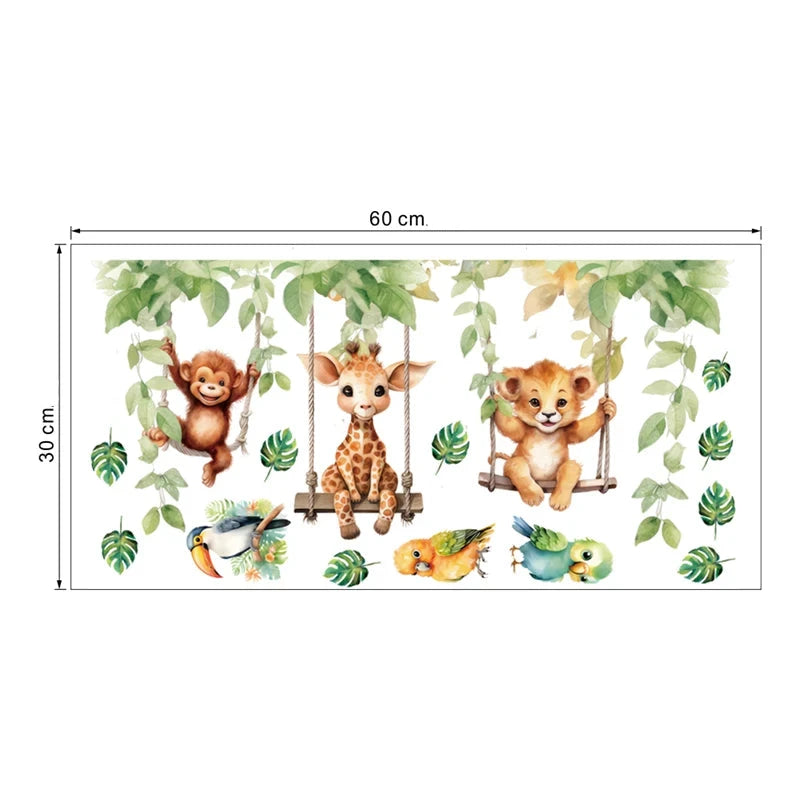 Gungande djurungar i djungeln väggdekor - Lekfull djungeldesign - Barnrumsdekor - Väggdekorshopen