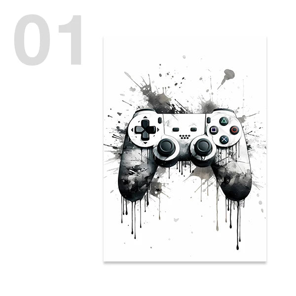 Gaming poster med kontroller - Svartvit design - Spelmotiv med citat - Väggdekorshopen