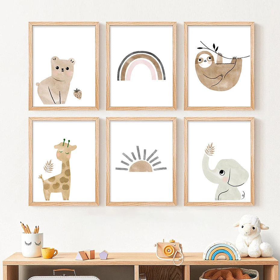 Djungeldjur och regnbåge i akvarellstil poster - Färgglad design - Barnrumsdekor - Väggdekorshopen