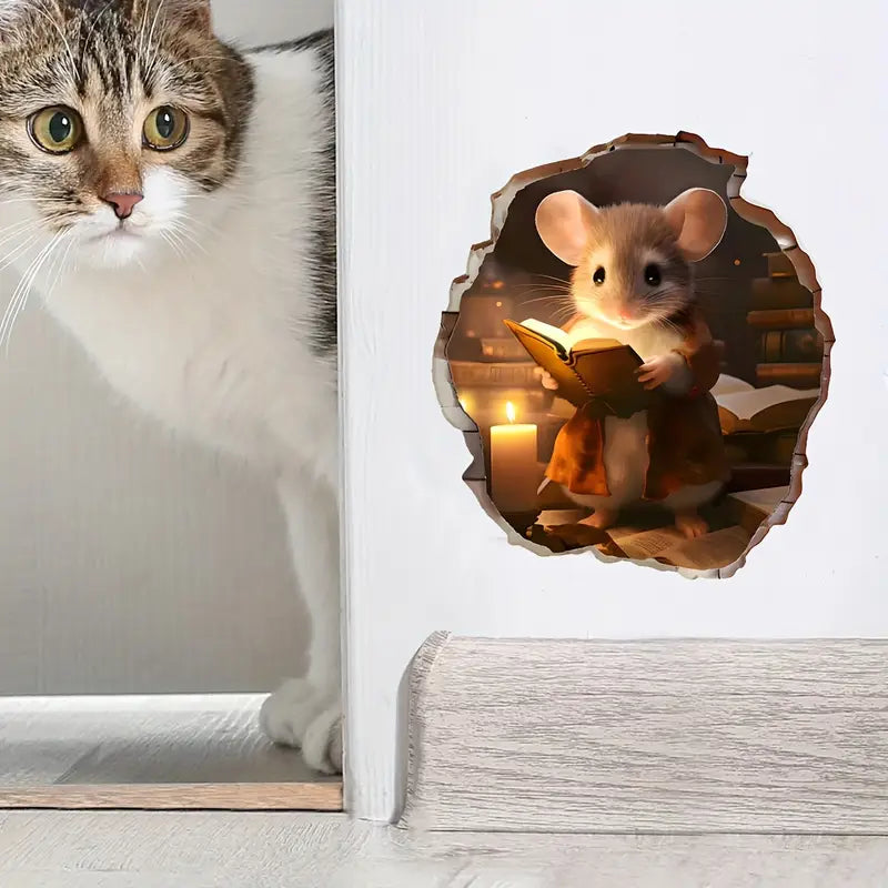 Väggdekor med läsande mus i mysig väggöppning