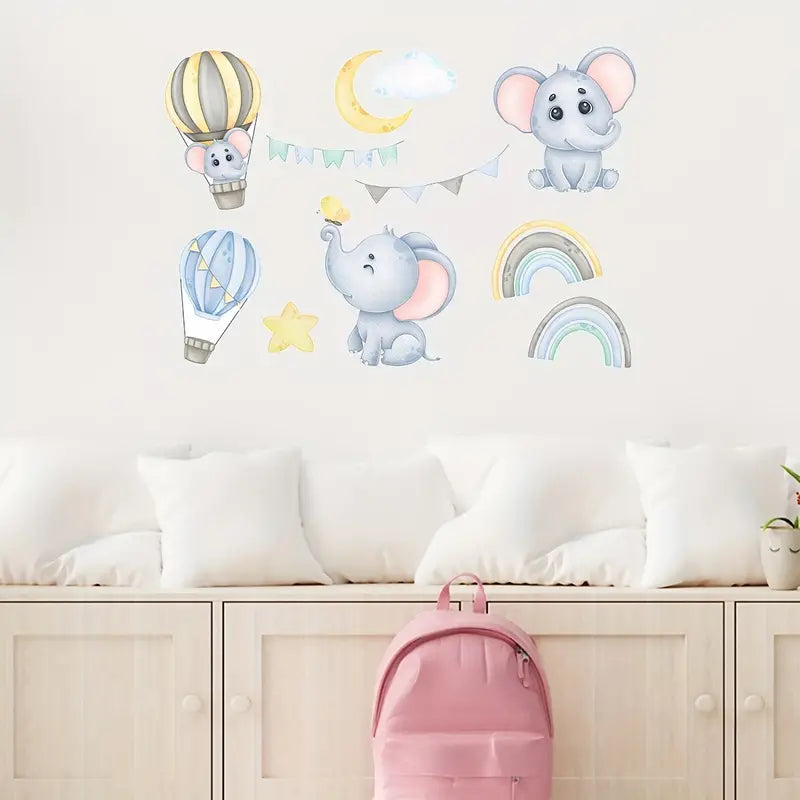 Elefant & Regnbåge i ballong väggdekor - Färgglad design - Barnrumsdekor - Väggdekorshopen
