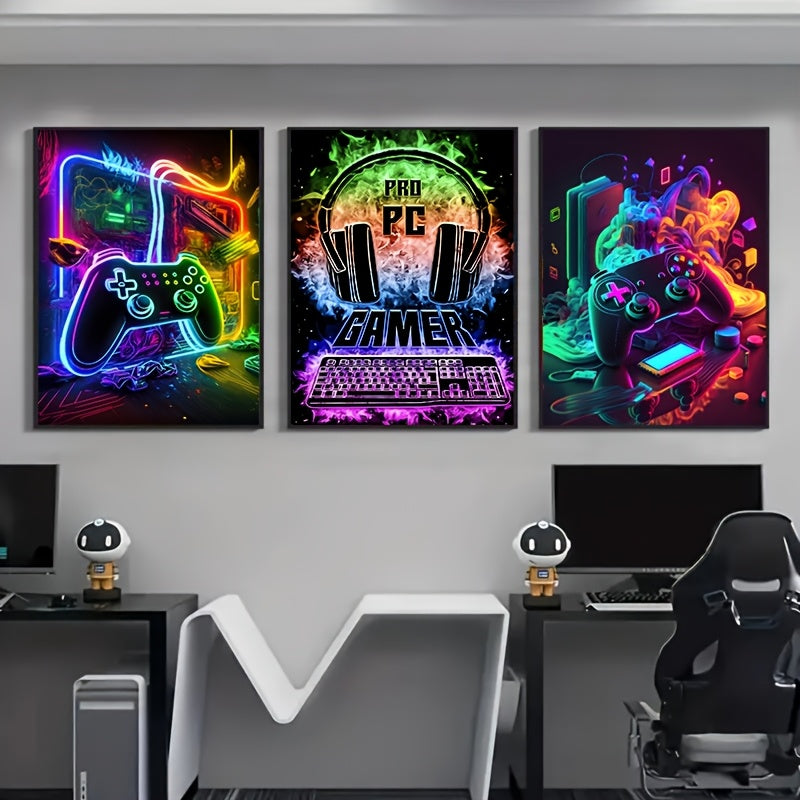 Set om 3 coola gamingposters i neon