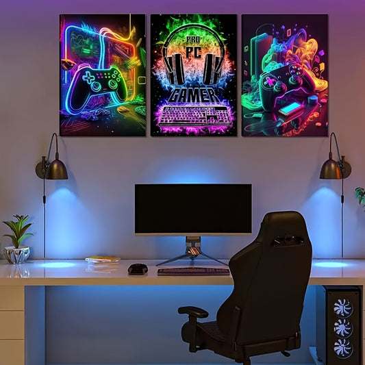 Set om 3 coola gamingposters i neon