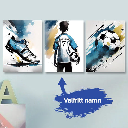 Set om 3 fotbollsposters - anpassa med valfritt namn