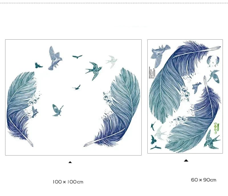 Väggdekor Blå fjädrar med fåglar - Väggdekorshopen