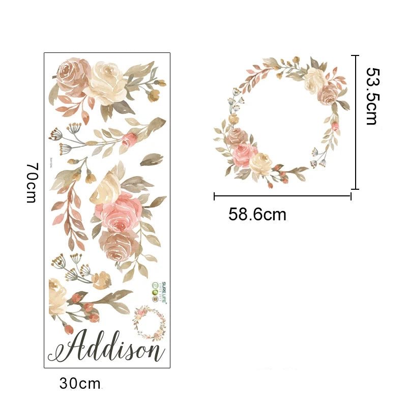 Personlig blomkrans väggdekor - Anpassningsbar text - 40x40cm - Blommig design - Väggdekorshopen	